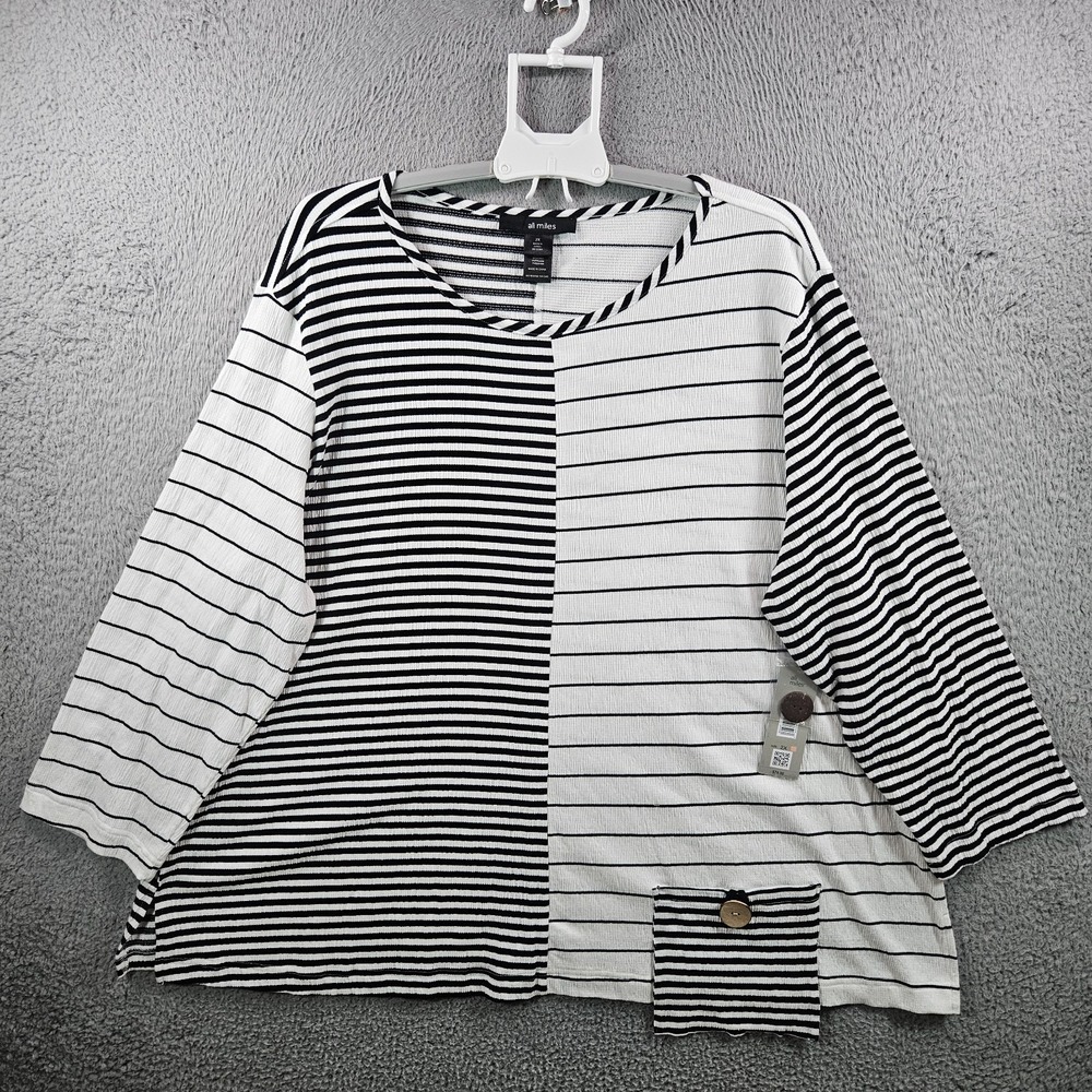 NEW Ali Miles Top Blouse Women 2X Stretch Pocket White Black Striped
